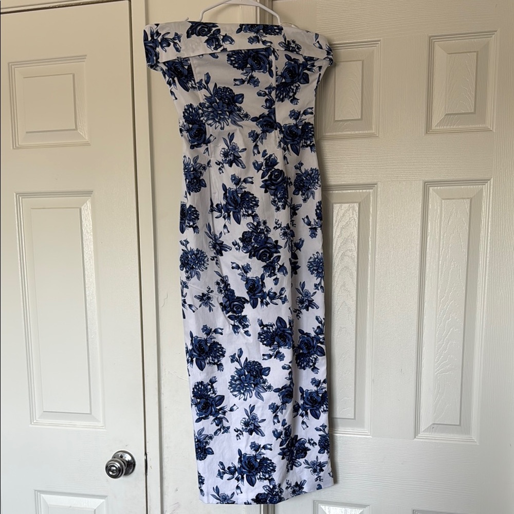 Blue and White Off the Shoulder Sheath Midi Dress